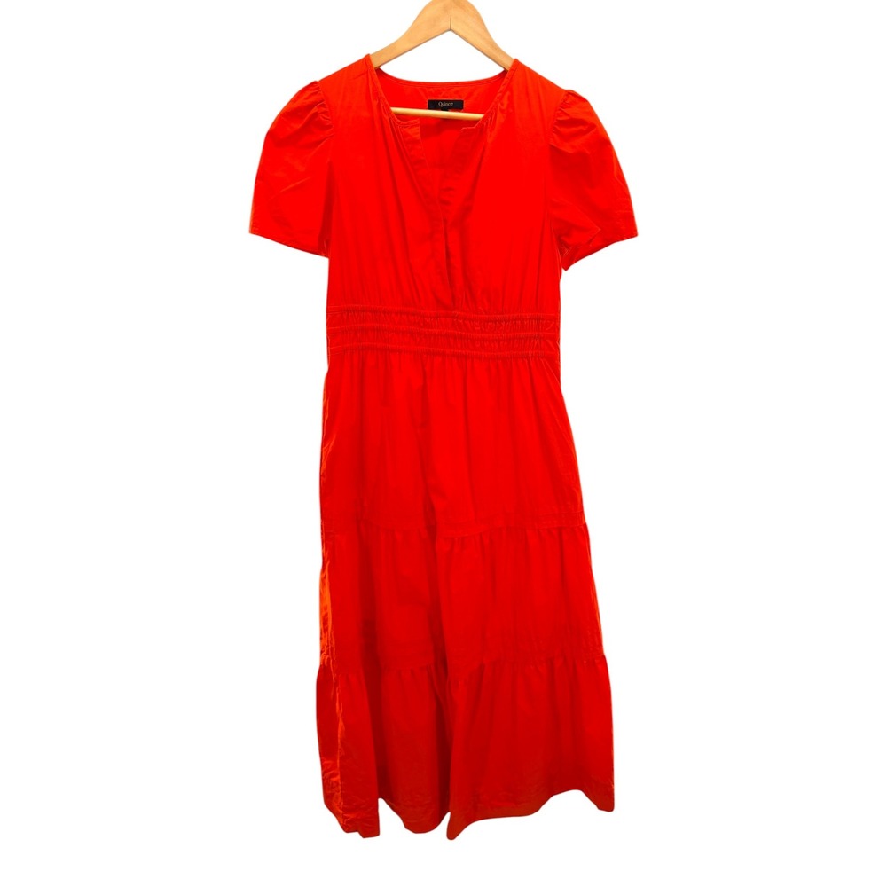Quince Organic Cotton Tiered Maxi Dress Vermilion Red Short Puff Sleeve Small